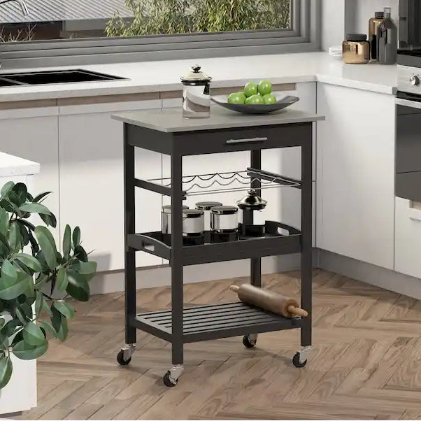 HOMCOM Kitchen island Cart Rolling Trolley Utility Serving Cart with Stainless Steel Tabletop, Wine Rack & Drawer