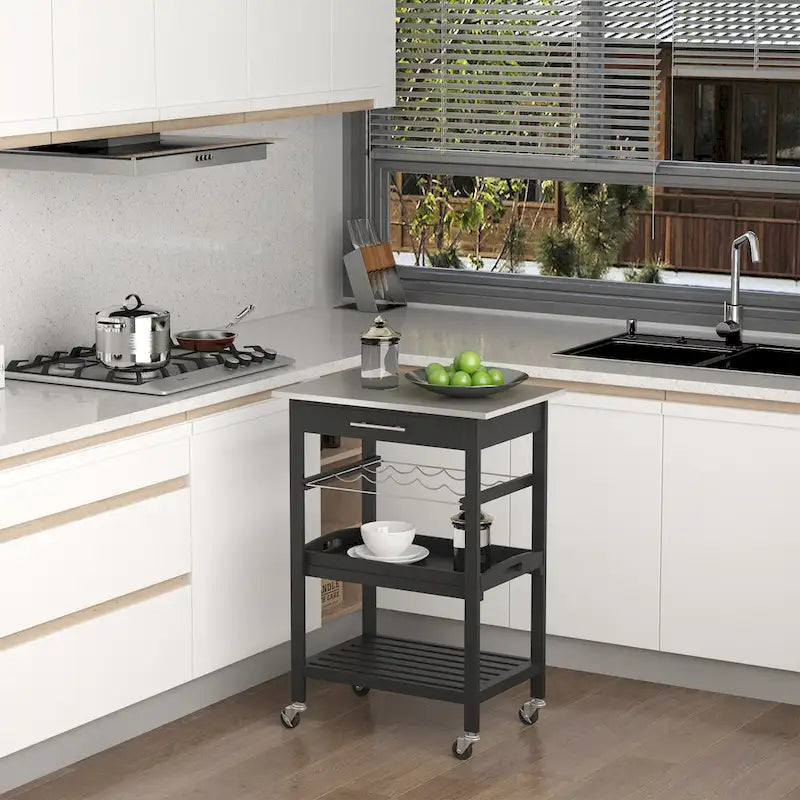 Kitchen island Cart Rolling Trolley Utility Serving Cart with Stainless Steel Tabletop, Wine Rack & Drawer