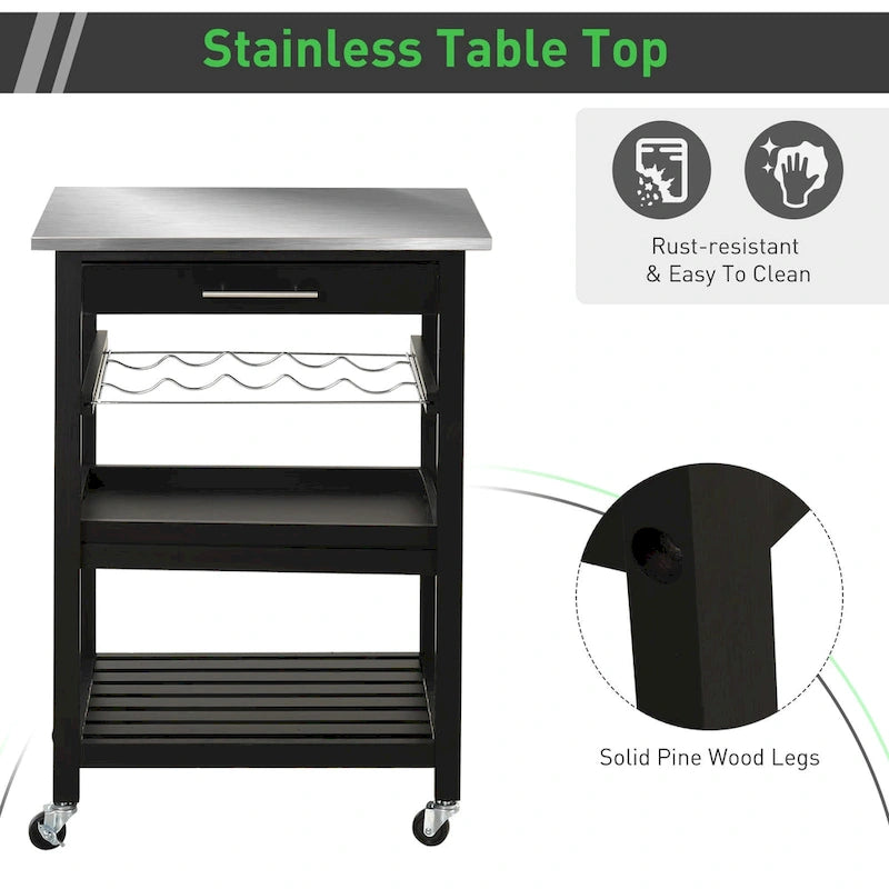 Kitchen island Cart Rolling Trolley Utility Serving Cart with Stainless Steel Tabletop, Wine Rack & Drawer