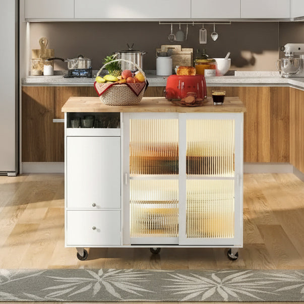 Carrello da cucina pieghevole con piano ribaltabile, illuminazione LED, ante in vetro scanalato e 5 ruote piroettanti