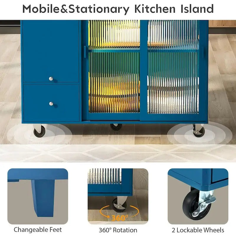 Carrello da cucina pieghevole con piano ribaltabile, illuminazione LED, ante in vetro scanalato e 5 ruote piroettanti