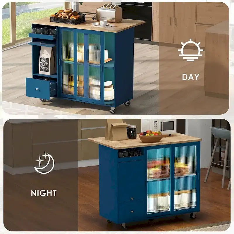 Carrello da cucina pieghevole con piano ribaltabile, illuminazione LED, ante in vetro scanalato e 5 ruote piroettanti