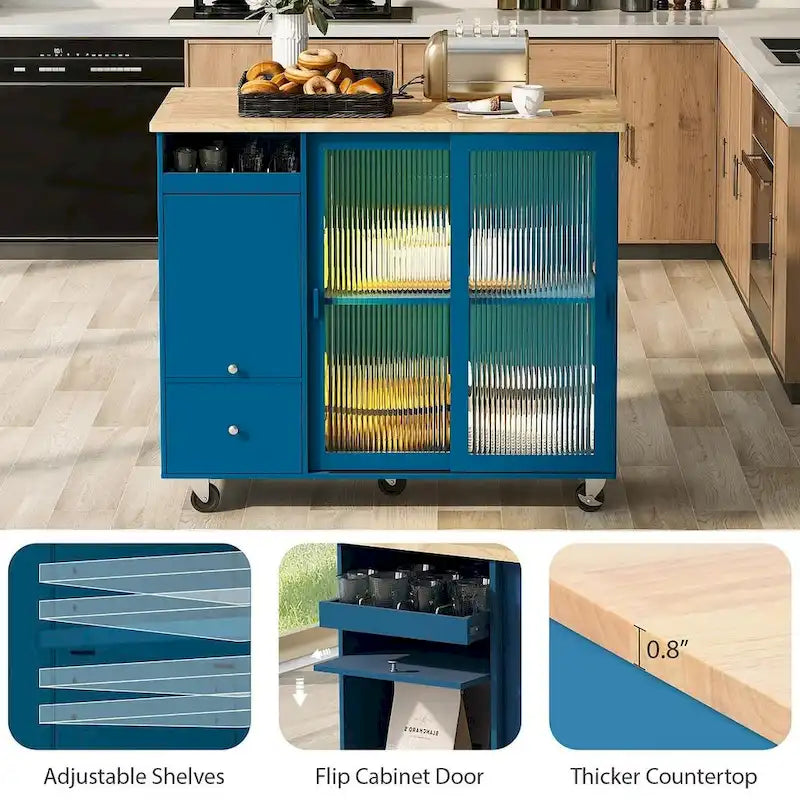 Carrello da cucina pieghevole con piano ribaltabile, illuminazione LED, ante in vetro scanalato e 5 ruote piroettanti