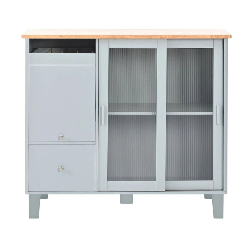 Carrello da cucina pieghevole con piano ribaltabile, illuminazione LED, ante in vetro scanalato e 5 ruote piroettanti