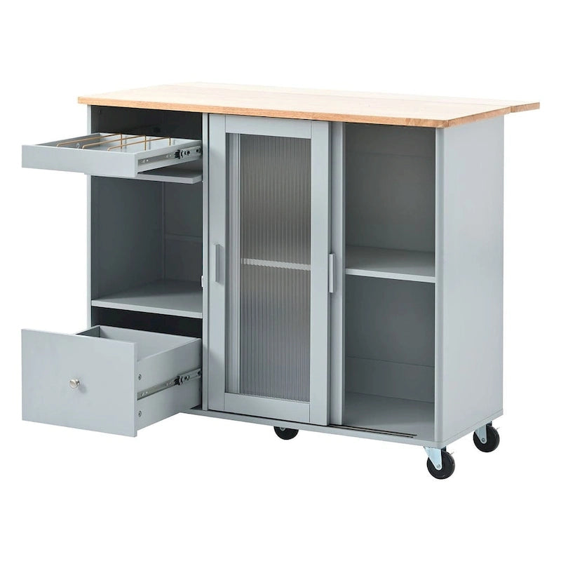 Carrello da cucina pieghevole con piano ribaltabile, illuminazione LED, ante in vetro scanalato e 5 ruote piroettanti