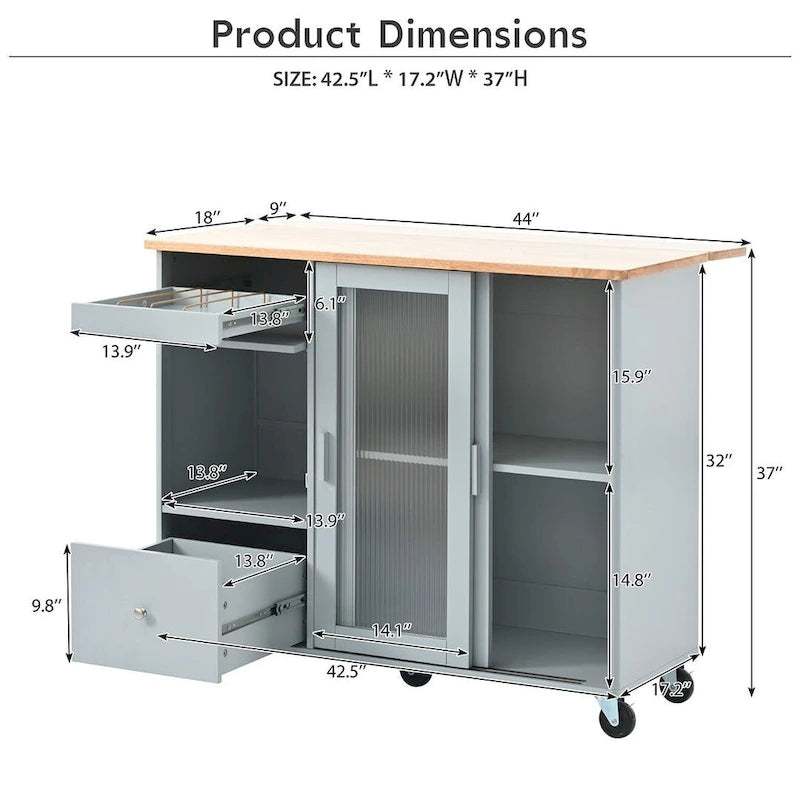 Carrello da cucina pieghevole con piano ribaltabile, illuminazione LED, ante in vetro scanalato e 5 ruote piroettanti