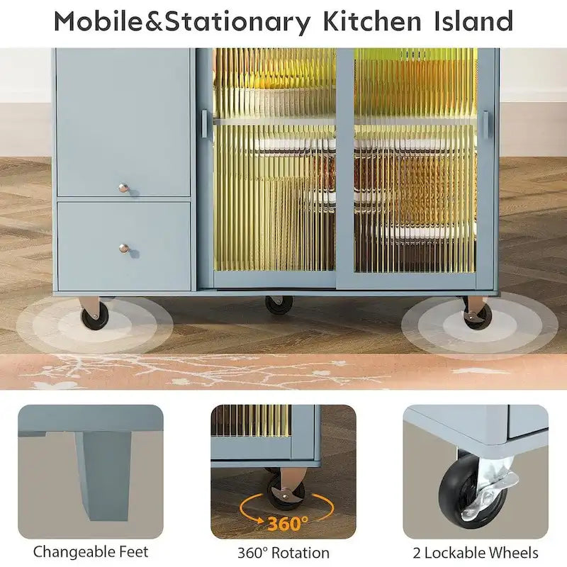 Carrello da cucina pieghevole con piano ribaltabile, illuminazione LED, ante in vetro scanalato e 5 ruote piroettanti