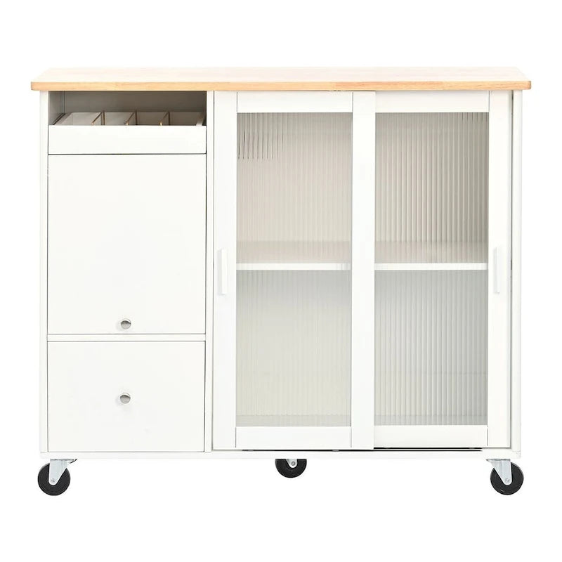 Carrello da cucina pieghevole con piano ribaltabile, illuminazione LED, ante in vetro scanalato e 5 ruote piroettanti