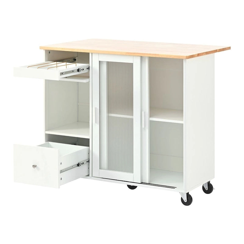 Carrello da cucina pieghevole con piano ribaltabile, illuminazione LED, ante in vetro scanalato e 5 ruote piroettanti