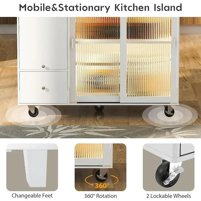 Carrello da cucina pieghevole con piano ribaltabile, illuminazione LED, ante in vetro scanalato e 5 ruote piroettanti