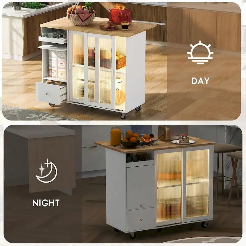 Carrello da cucina pieghevole con piano ribaltabile, illuminazione LED, ante in vetro scanalato e 5 ruote piroettanti