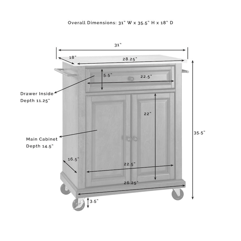 Draagbare keukentrolley met granieten blad - 31W x 18D x 35.5H