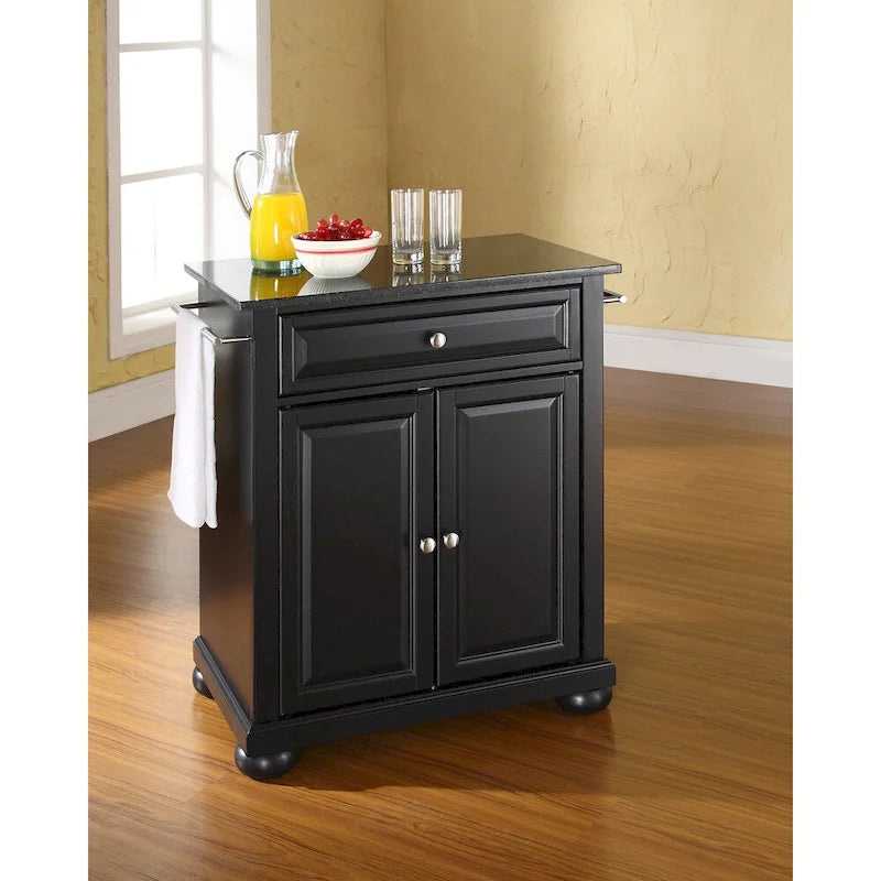Solid Black Granite Top Portable Kitchen Island in Black Finish - 18d x 31w x 33.5h