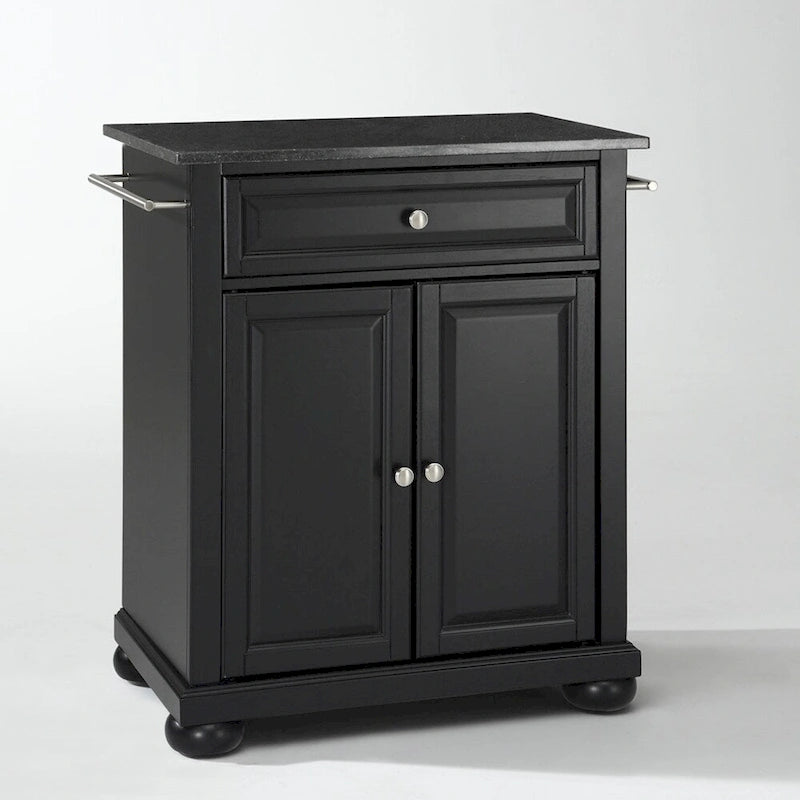 Solid Black Granite Top Portable Kitchen Island in Black Finish - 18d x 31w x 33.5h
