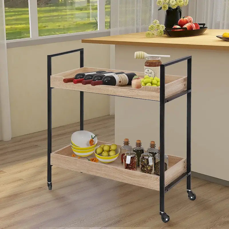 91,4 cm moderner schwarzer Barwagen mit 2-stufigen Holzablagen und Rollen