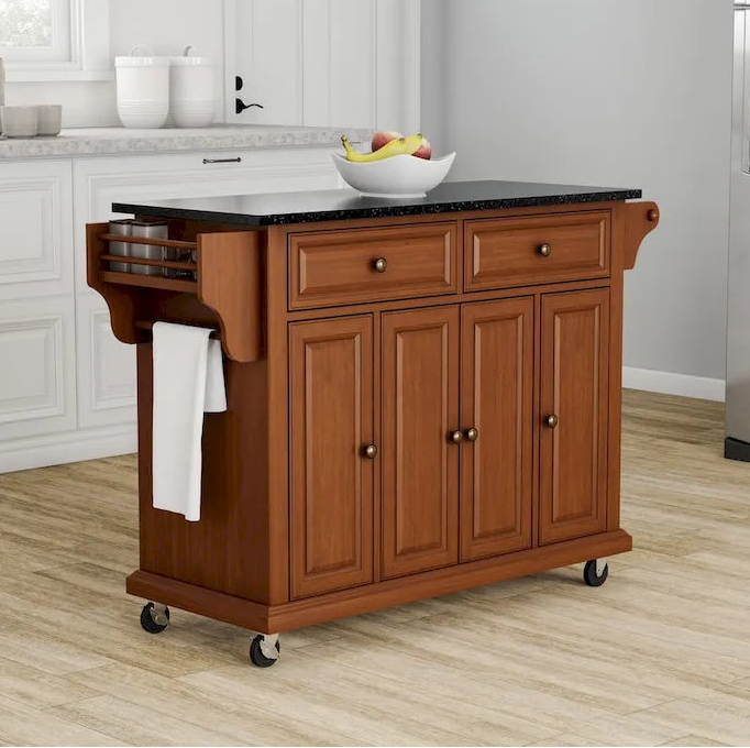 Crosley Full Size Solid Black Granite Top Classic Cherry Finish Kitchen Cart - 18d x 51.5w x 36h