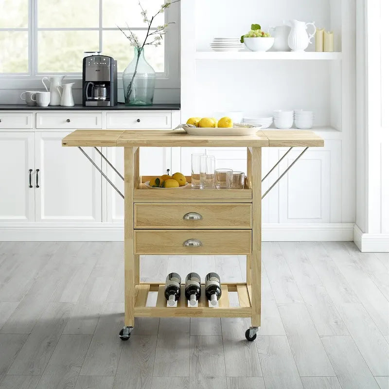 Küchenwagen mit doppelter klappbarer Tischplatte, Natur - 15.13d x 45w x 35.25h