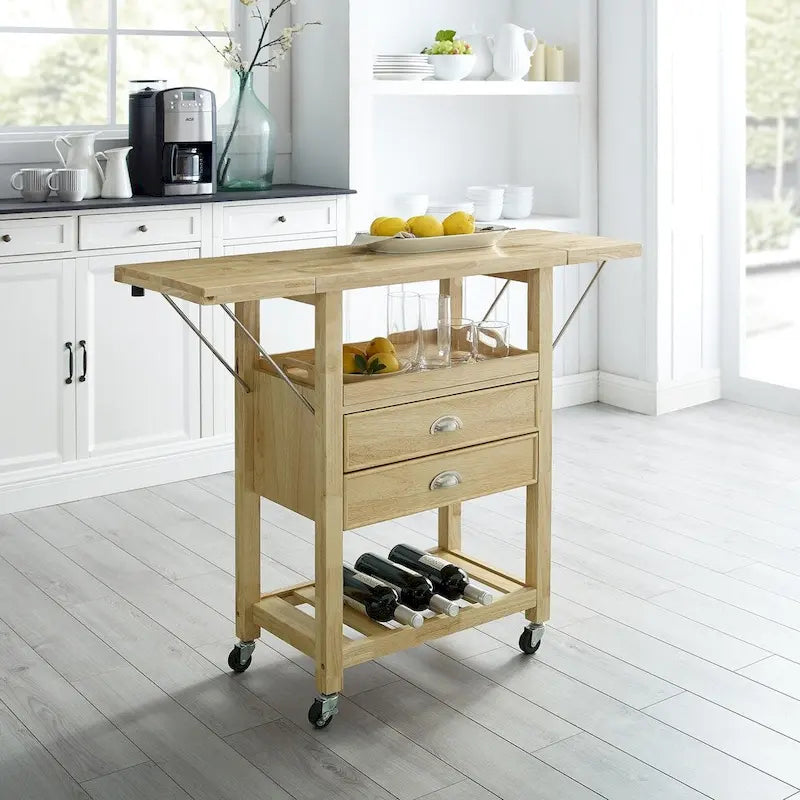Küchenwagen mit doppelter klappbarer Tischplatte, Natur - 15.13d x 45w x 35.25h