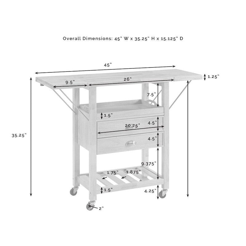 Küchenwagen mit doppelter klappbarer Tischplatte, Natur - 15.13d x 45w x 35.25h