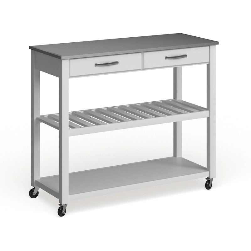 Carrello isola da cucina in legno bianco/acciaio inossidabile - 17d x 43w x 35h