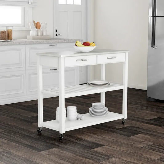 Küchenwagen und -insel aus weißem Holz und Edelstahl - 17d x 43w x 35h