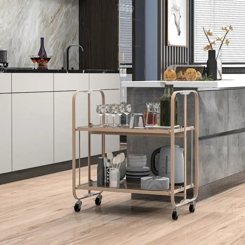 Mobiler Servierwagen mit 2 Ebenen, Ablage aus gehärtetem Glas, Golden - 26 x 16 x 28.5