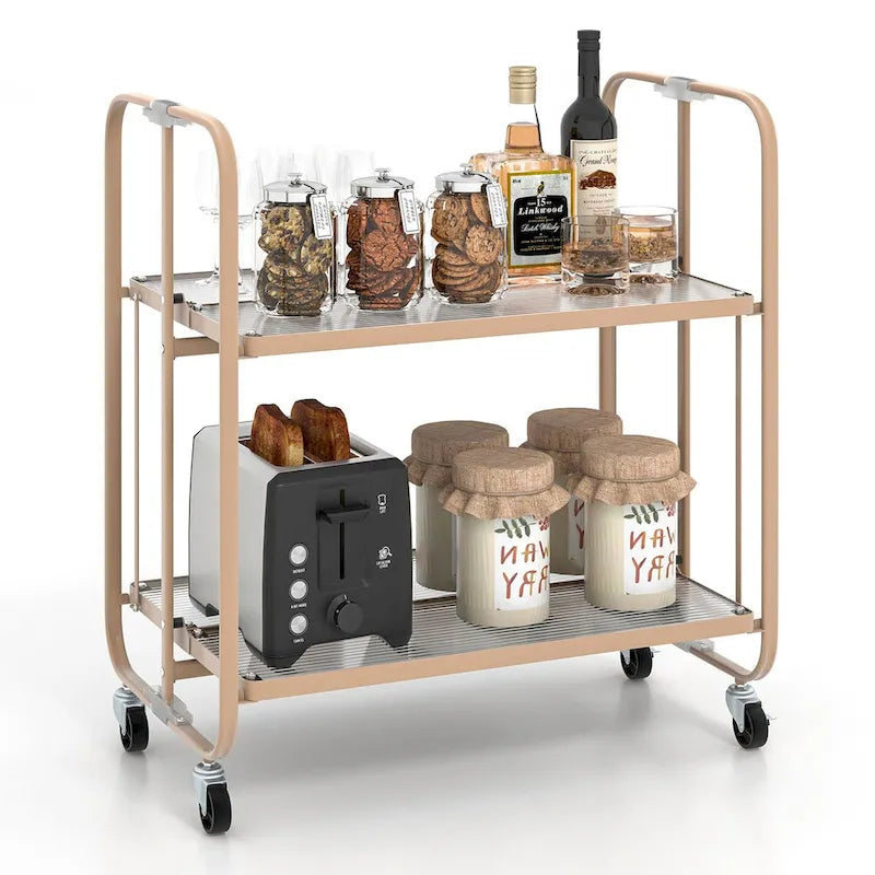 Mobiler Servierwagen mit 2 Ebenen, Ablage aus gehärtetem Glas, Golden - 26 x 16 x 28.5