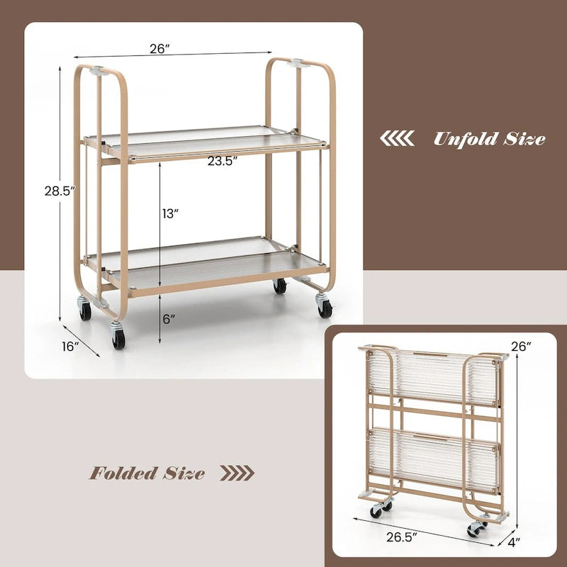 Mobiler Servierwagen mit 2 Ebenen, Ablage aus gehärtetem Glas, Golden - 26 x 16 x 28.5