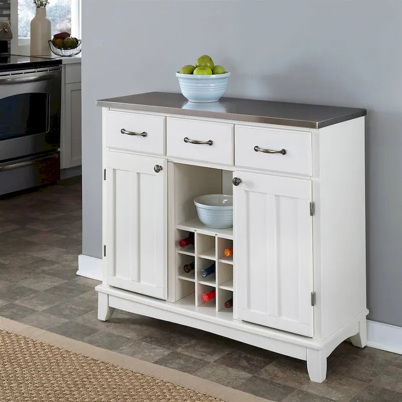 Szafka kredensowa-wyspa kuchenna z blatem ze stali nierdzewnej i stojakiem na wino, biała - 41.75W x 17D x 36.25H