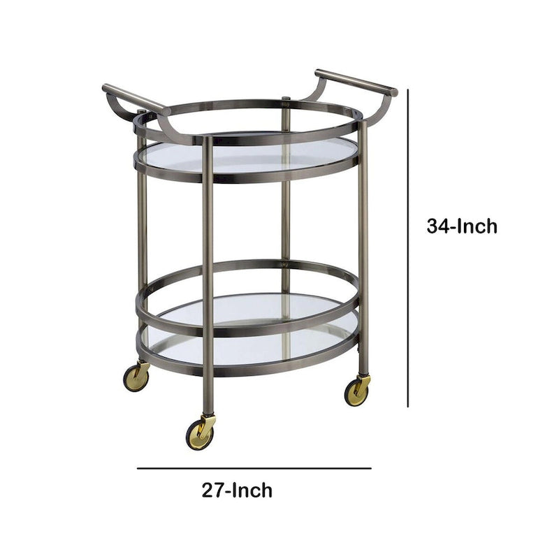Ovaler Servierwagen aus Metall mit 2 Ablagen, Silber - 34 H x 19 W x 27 L Inches
