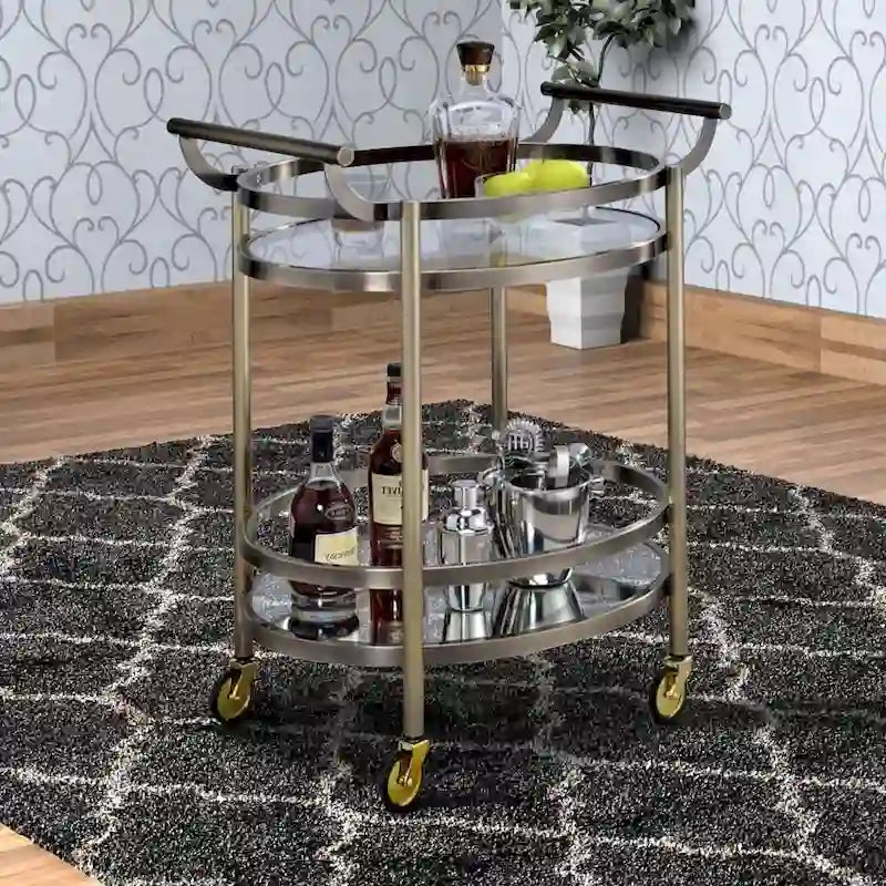 Ovaler Servierwagen aus Metall mit 2 Ablagen, Silber - 34 H x 19 W x 27 L Inches