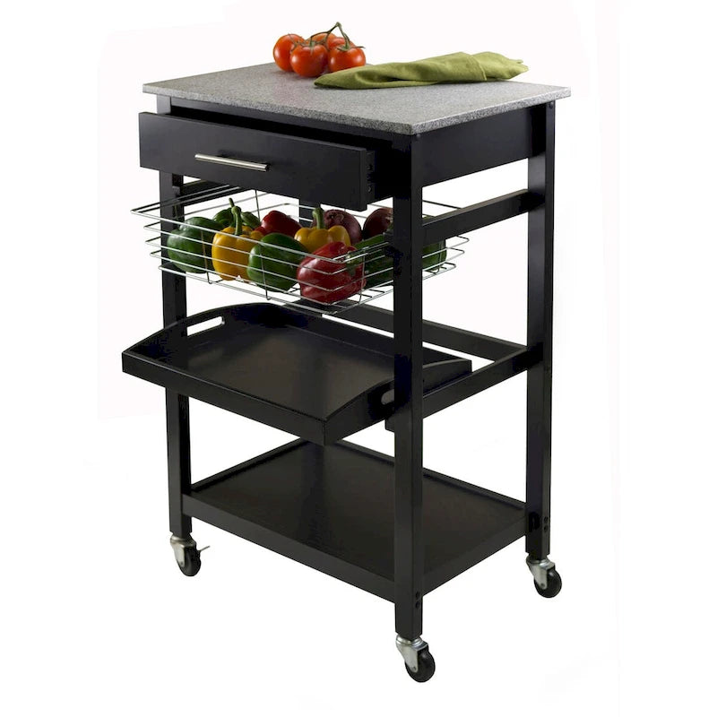 Carrinho de cozinha utilitário, tampo de granito, preto - 22.68 x 16.06 x 33.94 polegadas