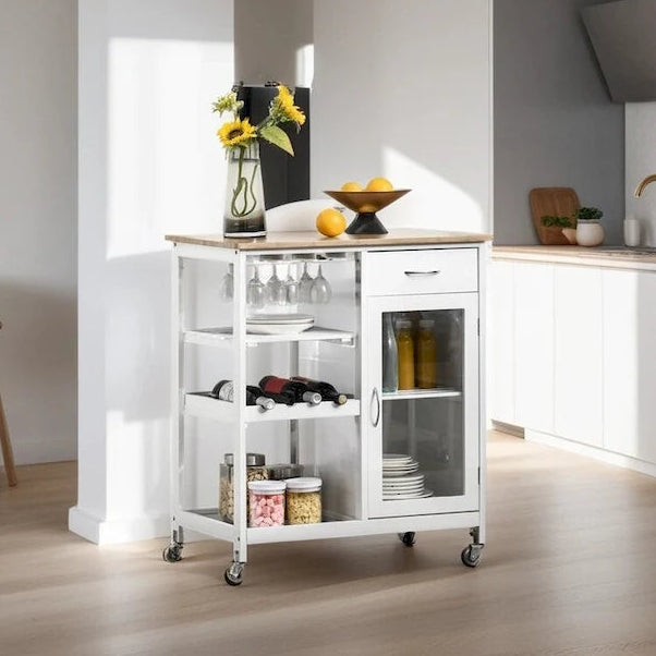 Rolling Wood Kitchen Island with Storage and Stemware Holder - N/A