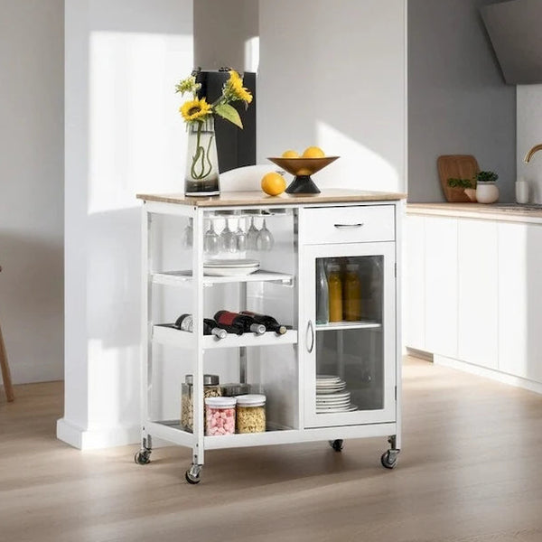 Rollende Kücheninsel aus Holz mit Stauraum und Stielglashalter - N/A