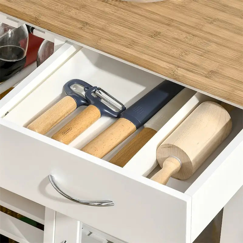 Rollende Kücheninsel aus Holz mit Stauraum und Stielglashalter - N/A