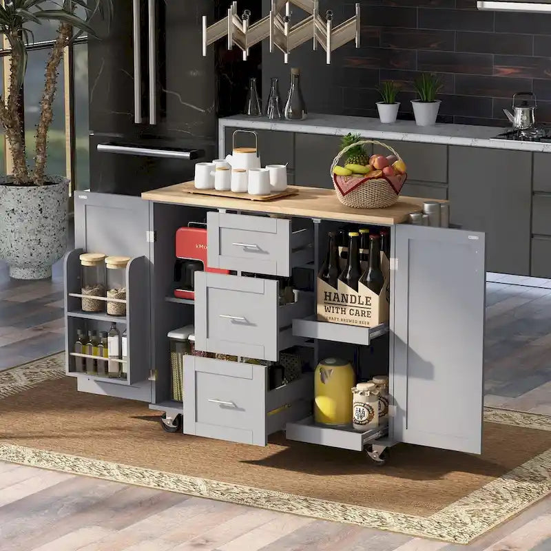 Rubberwood Kitchen Cart with Drop Leaf, Internal Storage Rack, Spice Rack, 2 Slide-Out Shelf, and 3 drawer