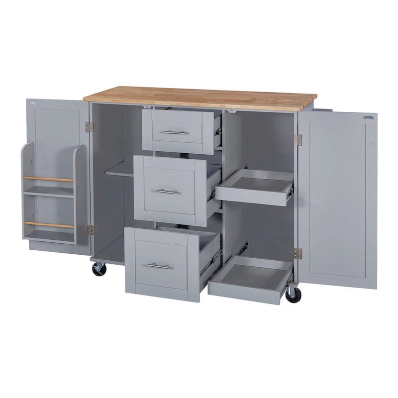 Rubberwood Kitchen Cart with Drop Leaf, Internal Storage Rack, Spice Rack, 2 Slide-Out Shelf, and 3 drawer