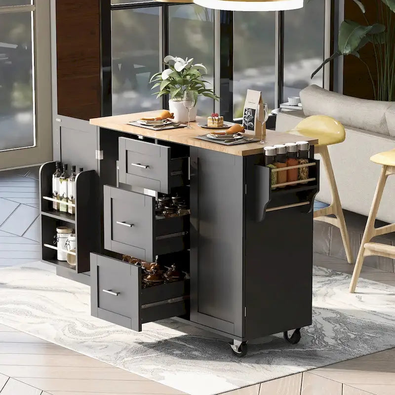 Rubberwood Kitchen Cart with Drop Leaf, Internal Storage Rack, Spice Rack, 2 Slide-Out Shelf, and 3 drawer