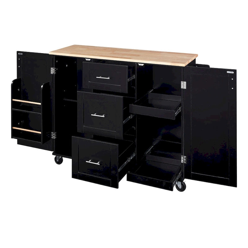Rubberwood Kitchen Cart with Drop Leaf, Internal Storage Rack, Spice Rack, 2 Slide-Out Shelf, and 3 drawer