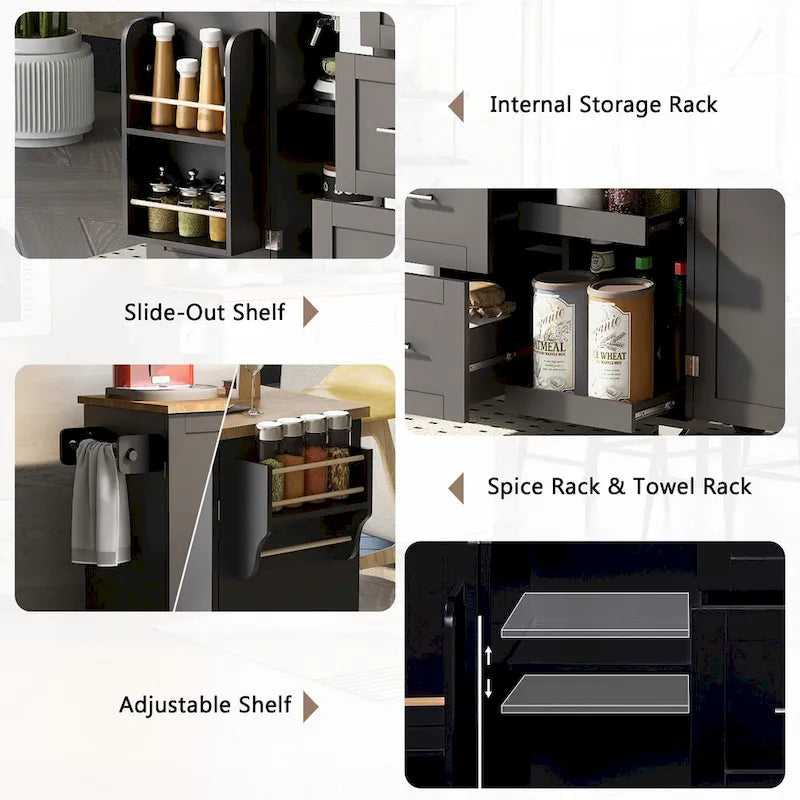 Rubberwood Kitchen Cart with Drop Leaf, Internal Storage Rack, Spice Rack, 2 Slide-Out Shelf, and 3 drawer