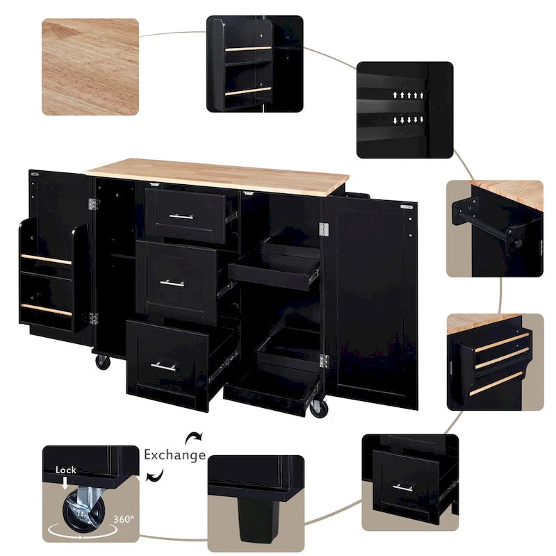 Rubberwood Kitchen Cart with Drop Leaf, Internal Storage Rack, Spice Rack, 2 Slide-Out Shelf, and 3 drawer