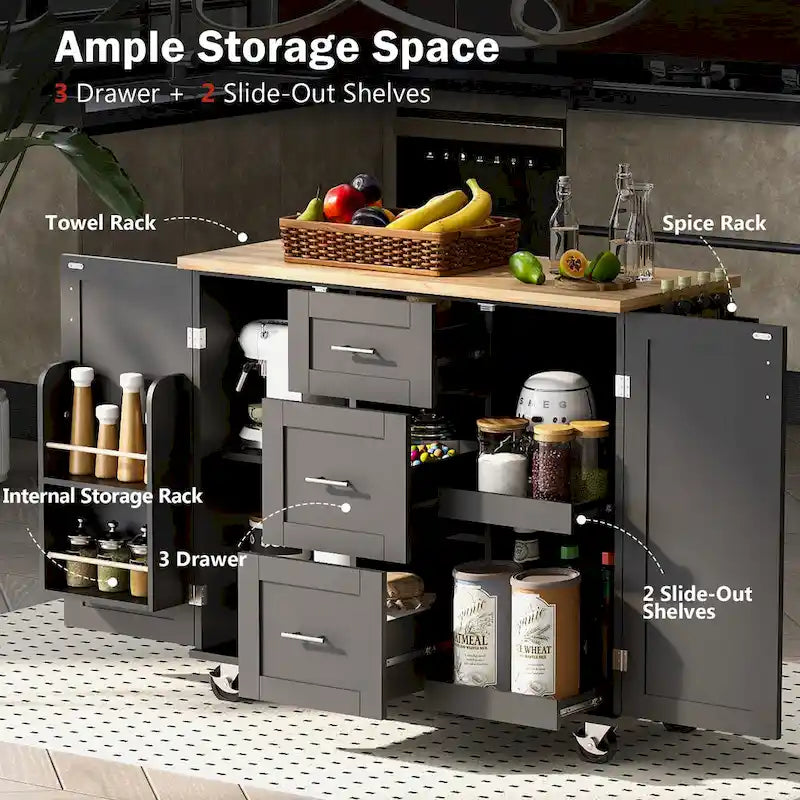Rubberwood Kitchen Cart with Drop Leaf, Internal Storage Rack, Spice Rack, 2 Slide-Out Shelf, and 3 drawer
