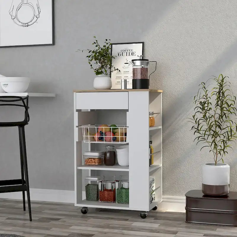 Carrello da cucina per cucina, sala da pranzo e soggiorno, bianco / rovere chiaro