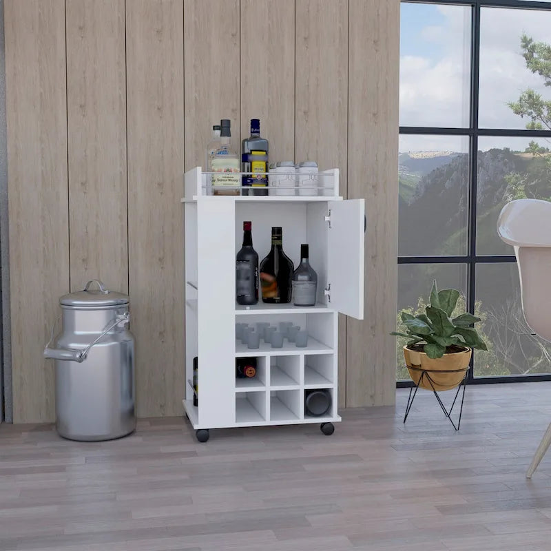 Barwagen mit Schrank, 6 integrierten Weinregalfächern und Rollen