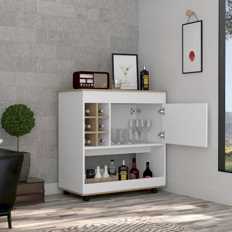 Barwagen mit unterer Platte, sechs Flaschenfächern und einem Schrank für Küche, Party und Wohnzimmer