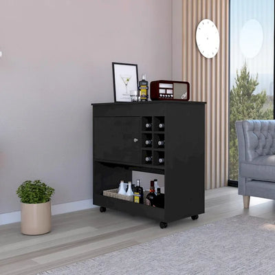 Bar Cart Aloha, Lower Panel, Six Bottle Cubbies, One Cabinet for Kitchen, Party and Living Room