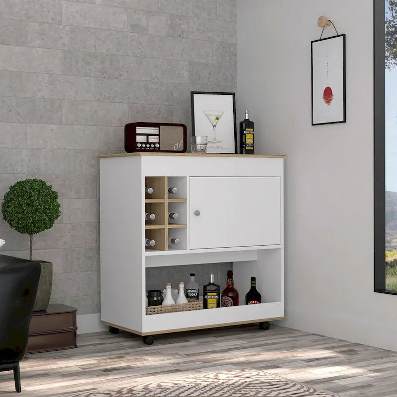 Barwagen mit unterer Platte, sechs Flaschenfächern und einem Schrank für Küche, Party und Wohnzimmer