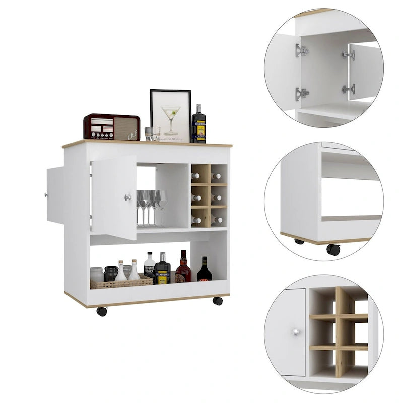 Barwagen mit unterer Platte, sechs Flaschenfächern und einem Schrank für Küche, Party und Wohnzimmer