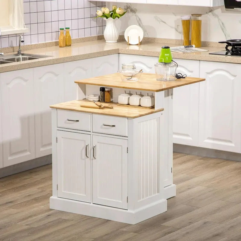 Isola da cucina con mobile contenitore, piano in legno di gomma a 2 livelli, ripiani regolabili e cassetti