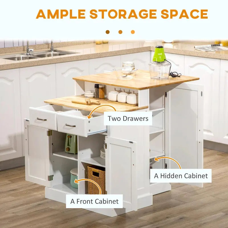 Isola da cucina con mobile contenitore, piano in legno di gomma a 2 livelli, ripiani regolabili e cassetti